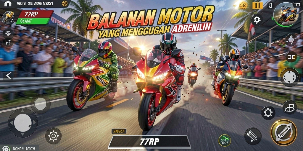Screenshot gameplay 77RP menampilkan aksi balapan motor yang seru dan menegangkan.