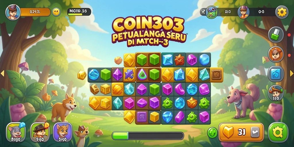 Tampilan gameplay COIN303 dengan pencocokan koin yang seru dan penuh warna.