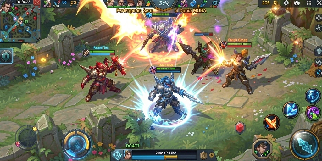 Screenshot gameplay DORA77 saat pertarungan intens dalam arena MOBA.