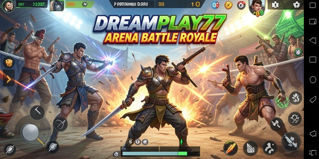 Tampilan dinamis gameplay seru di <strong>DREAMPLAY77</strong> saat bertarung di arena Battle Royale.