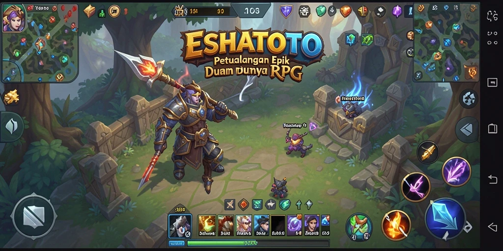 Tampilan gameplay ESHATOTO dengan pertarungan karakter yang epik.