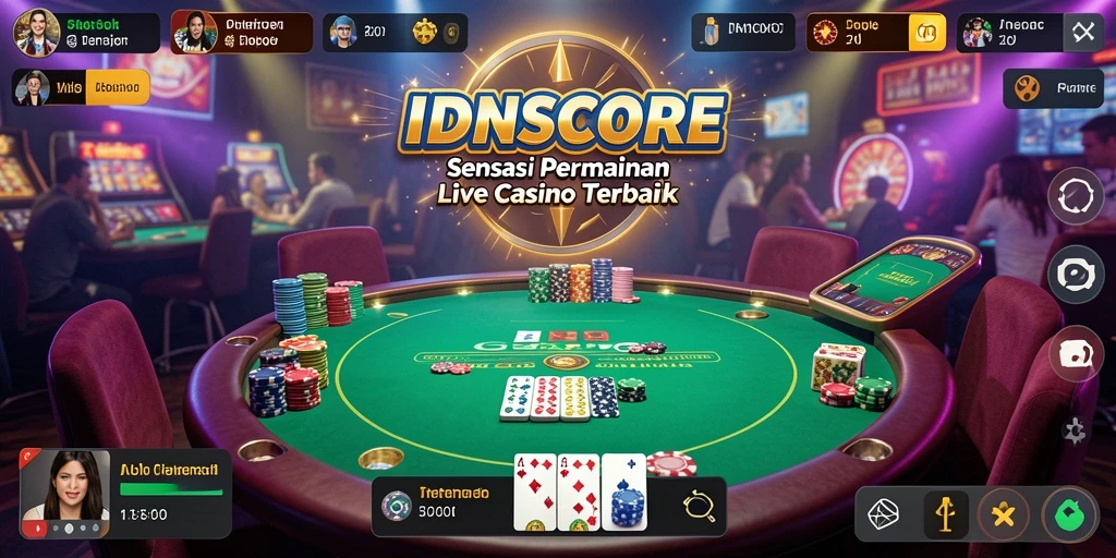 Screenshot gameplay IDNSCORE menampilkan dealer langsung dan suasana kasino yang nyata.