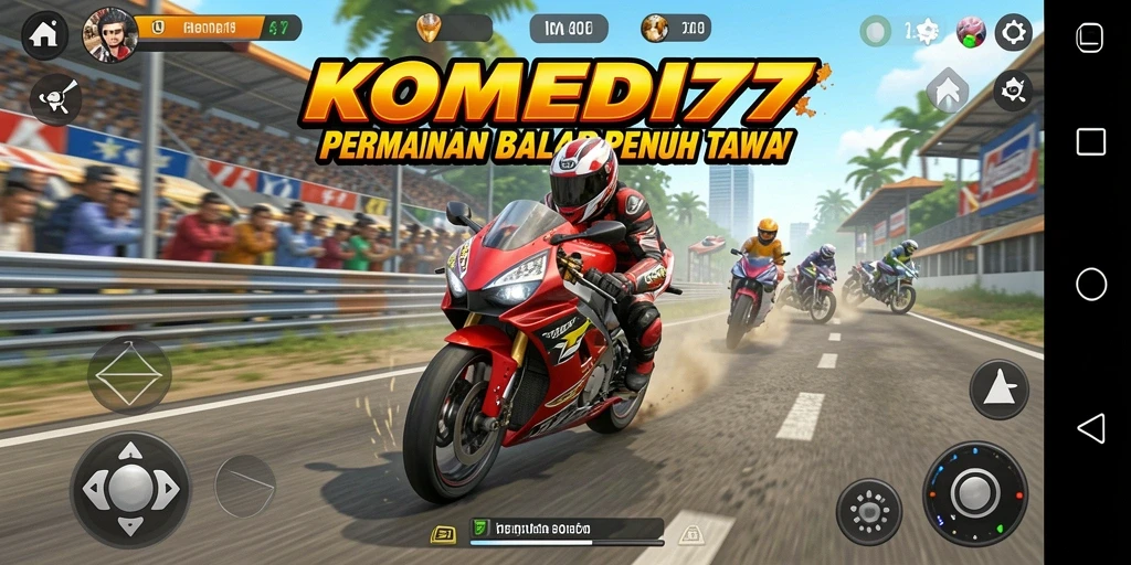 Screenshot KOMEDI77 menampilkan aksi balapan motor yang seru dan menghibur.