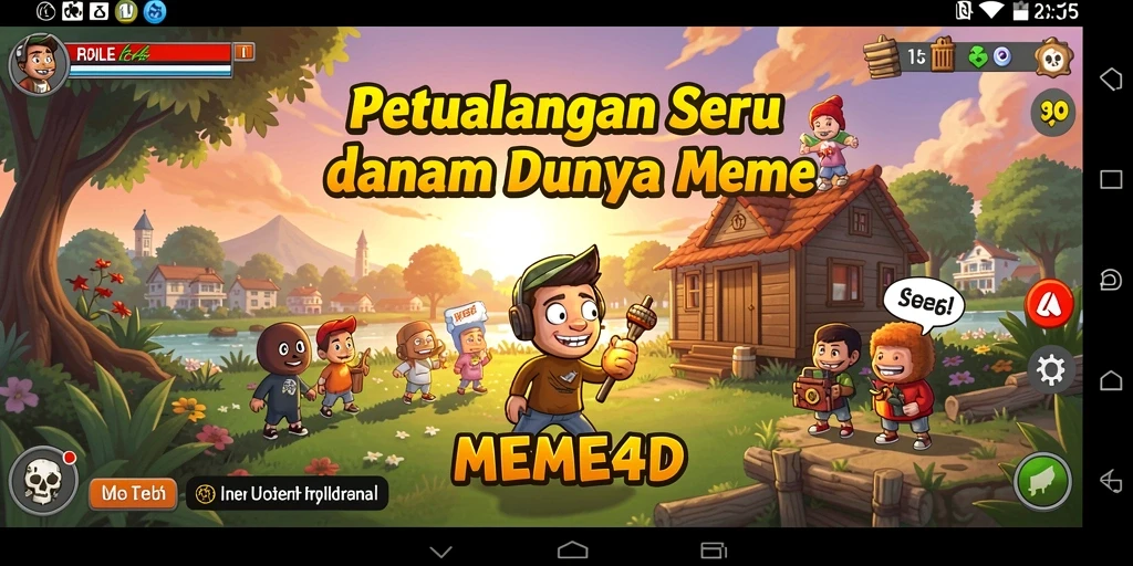 Tampilan aksi seru dalam dunia meme yang penuh warna.