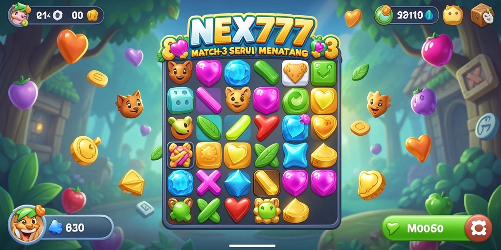Tangkapan layar NEX777 menampilkan gameplay Match-3 yang seru dan menantang.