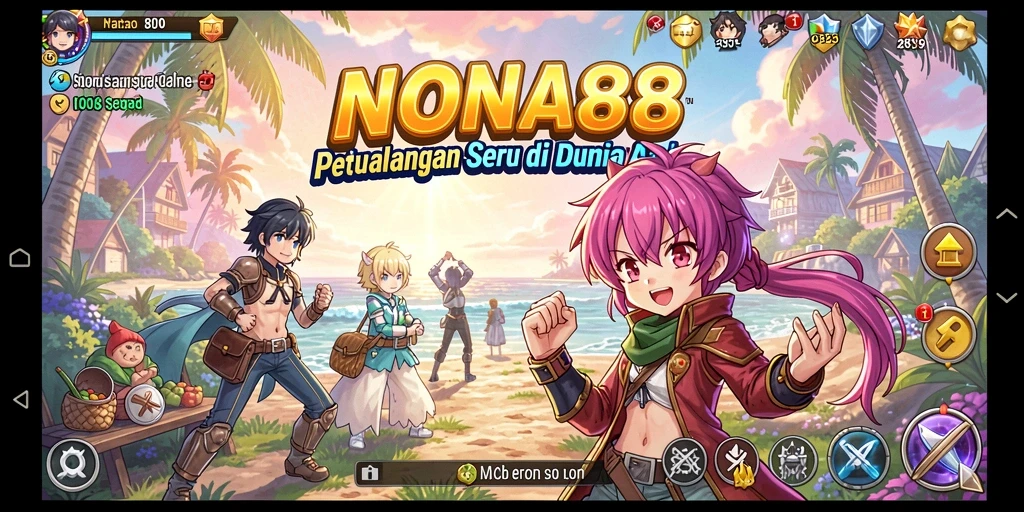 Screenshot utama NONA88 menampilkan aksi karakter di dunia anime yang dinamis.