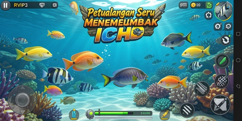 Screenshot gameplay RVIP3 yang menampilkan aksi menembak ikan.