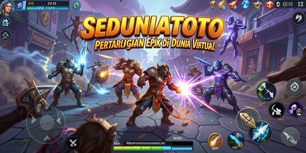 Menampilkan aksi seru karakter dalam SEDUNIATOTO di arena pertarungan.