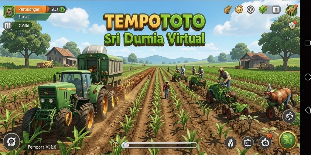 Screenshot gameplay TEMPOTOTO menampilkan ladang subur dan hewan ternak yang ceria.